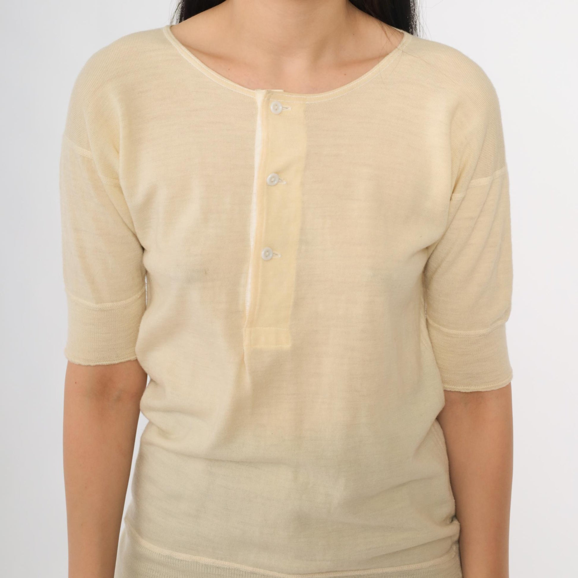 1940s Shepherd Cream Wool Cardigan Three Quarter Sleeve Button Front Small