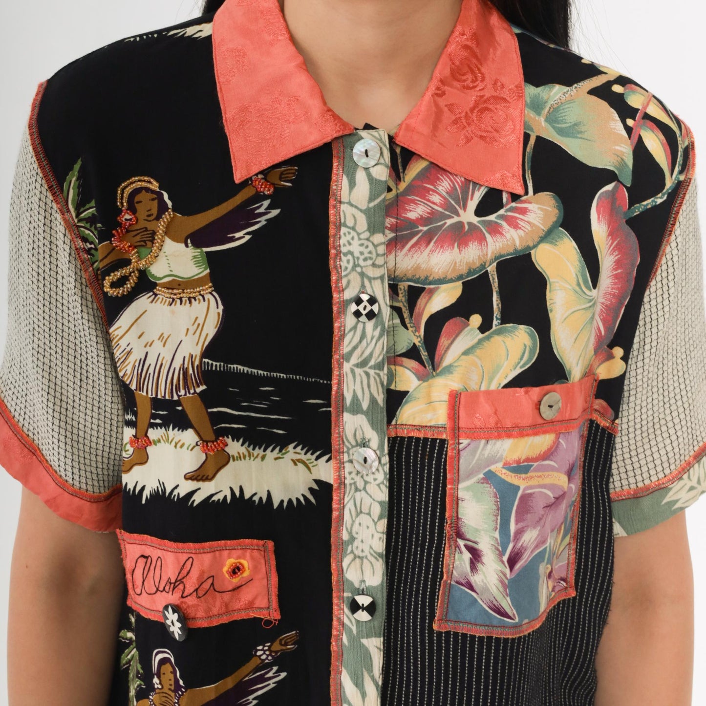 90s Faith Patchwork Hawaiian Shirt Tropical Print Button Front Small S