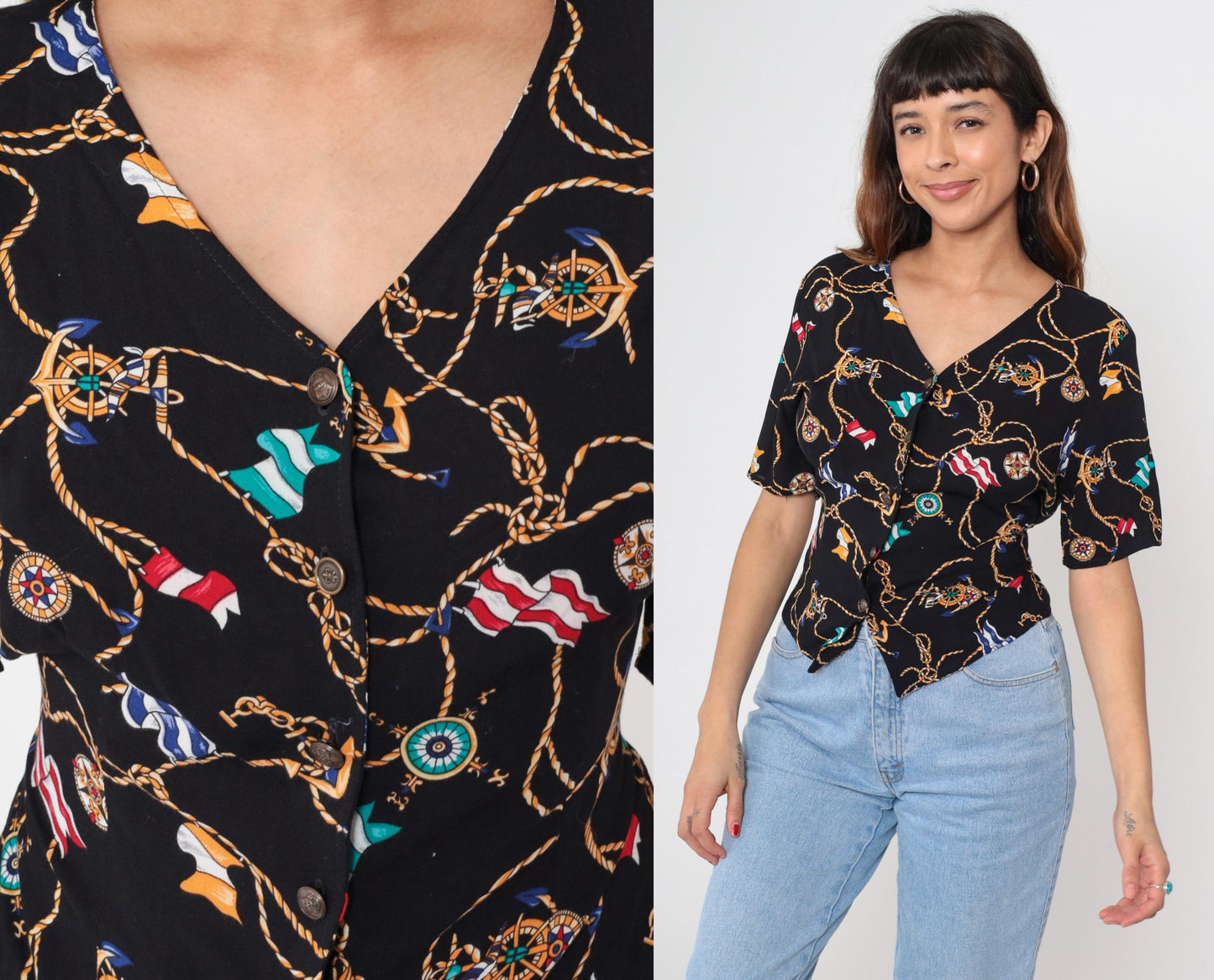 90s Kathie Lee Nautical Print Blouse Black Button-Front Short Sleeve Medium