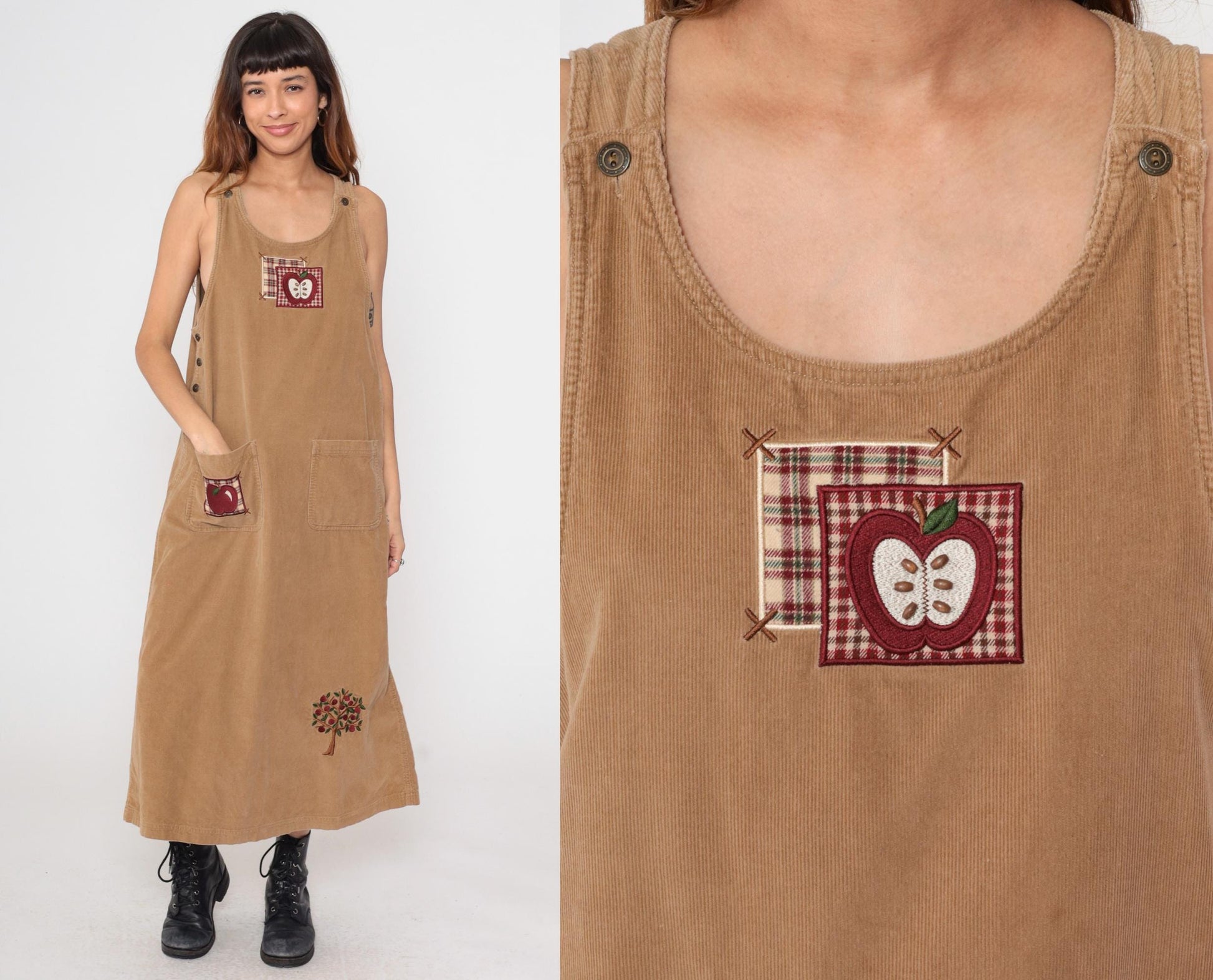 90s Mandal Bay Corduroy Jumper Dress Tan Apple Embroidery Maxi Large L