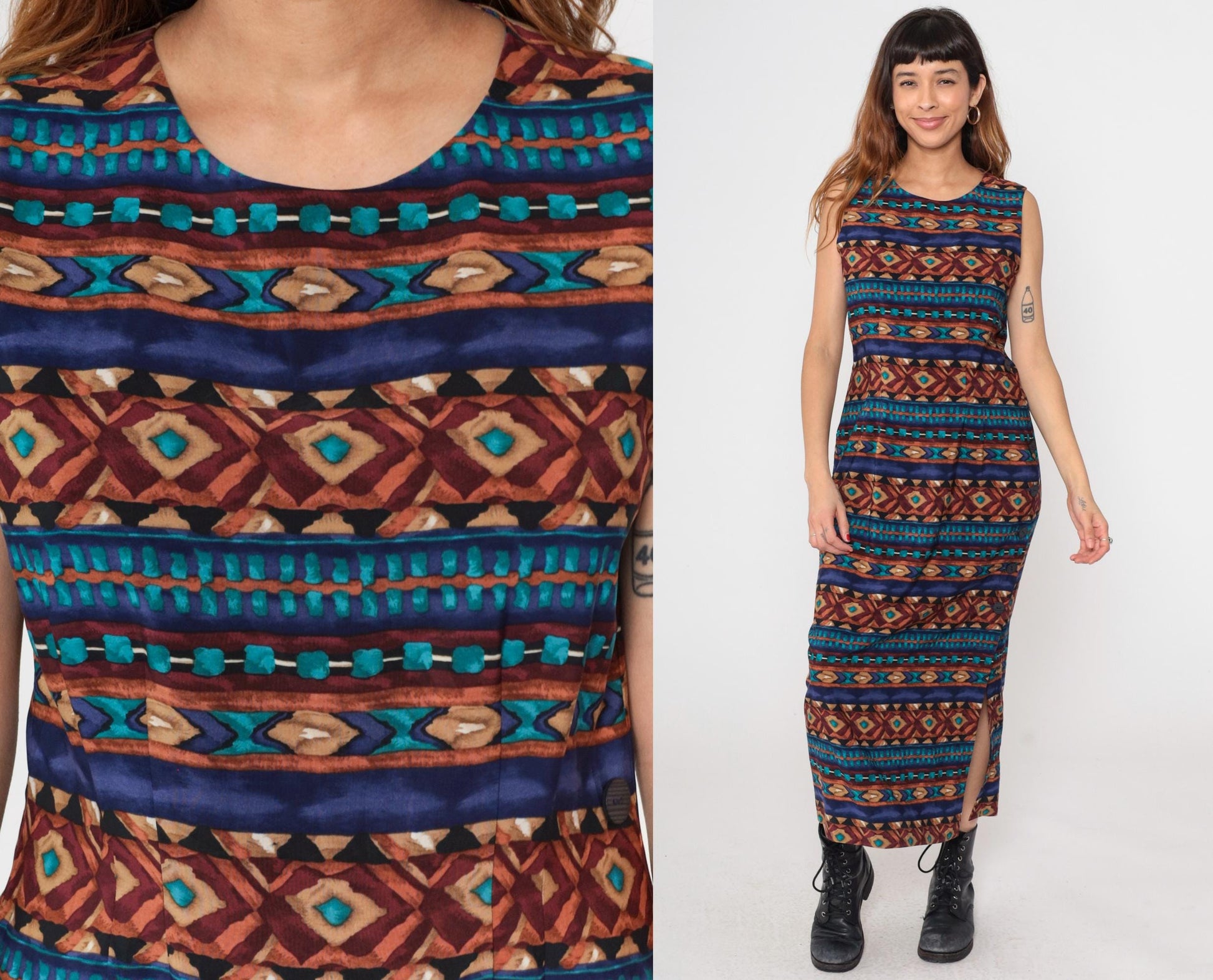 90s J Stevens Southwestern Geometric Maxi Dress Navy Sleeveless Medium M