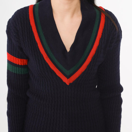 80s Abercrombie & Fitch Cricket Sweater Navy Wool V-Neck Striped Small