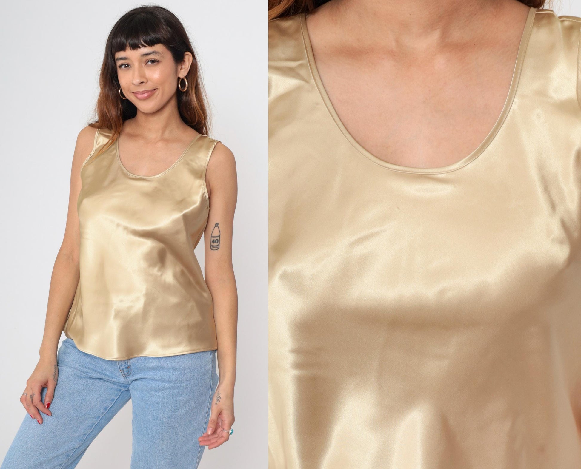 90s Gold Satin Cami Tank Top Sleeveless Blouse Large L