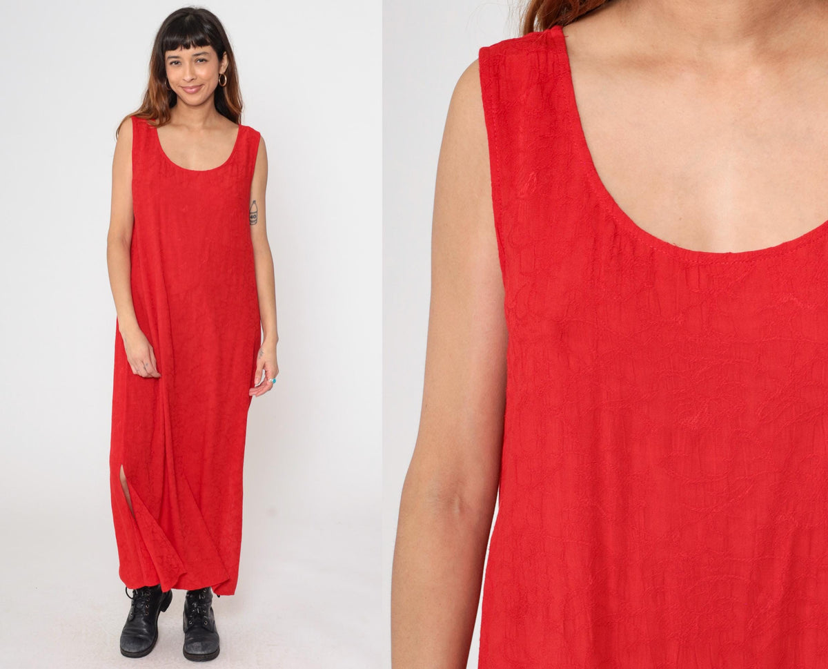 90s Red Rayon Maxi Dress Sleeveless Tank Column Large L