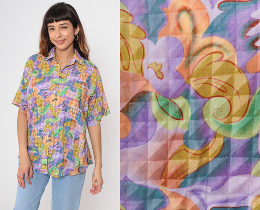 90s Rolls Abstract Psychedelic Swirl Button-Down Shirt Purple Green Extra Large XXL