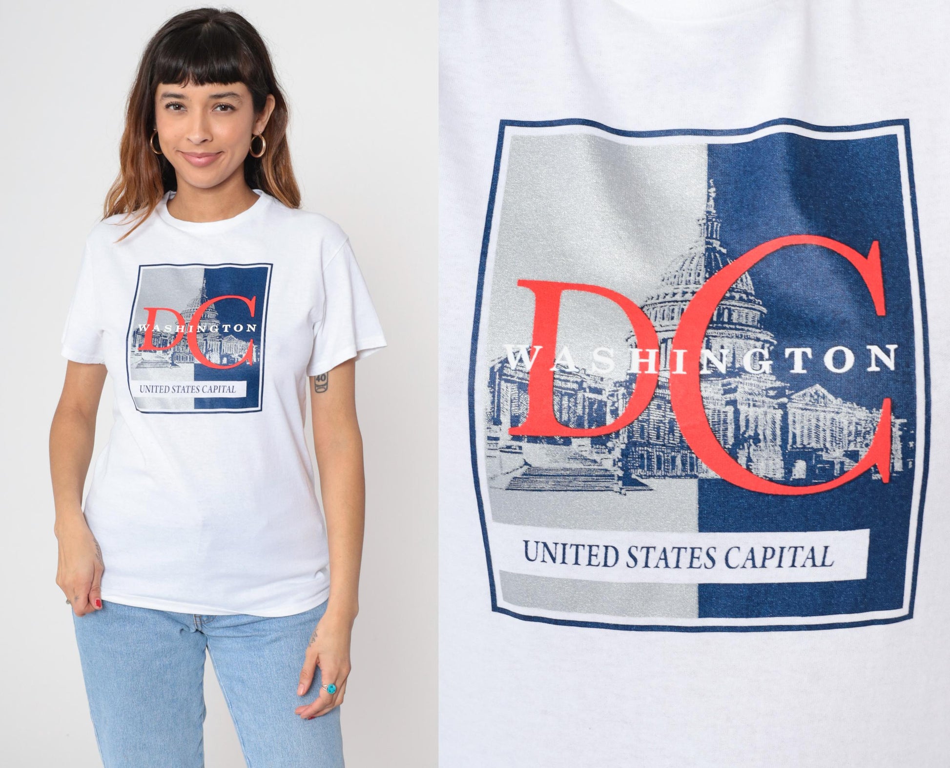 90s Washington DC Eagle Crest Graphic T-Shirt Heather White Small
