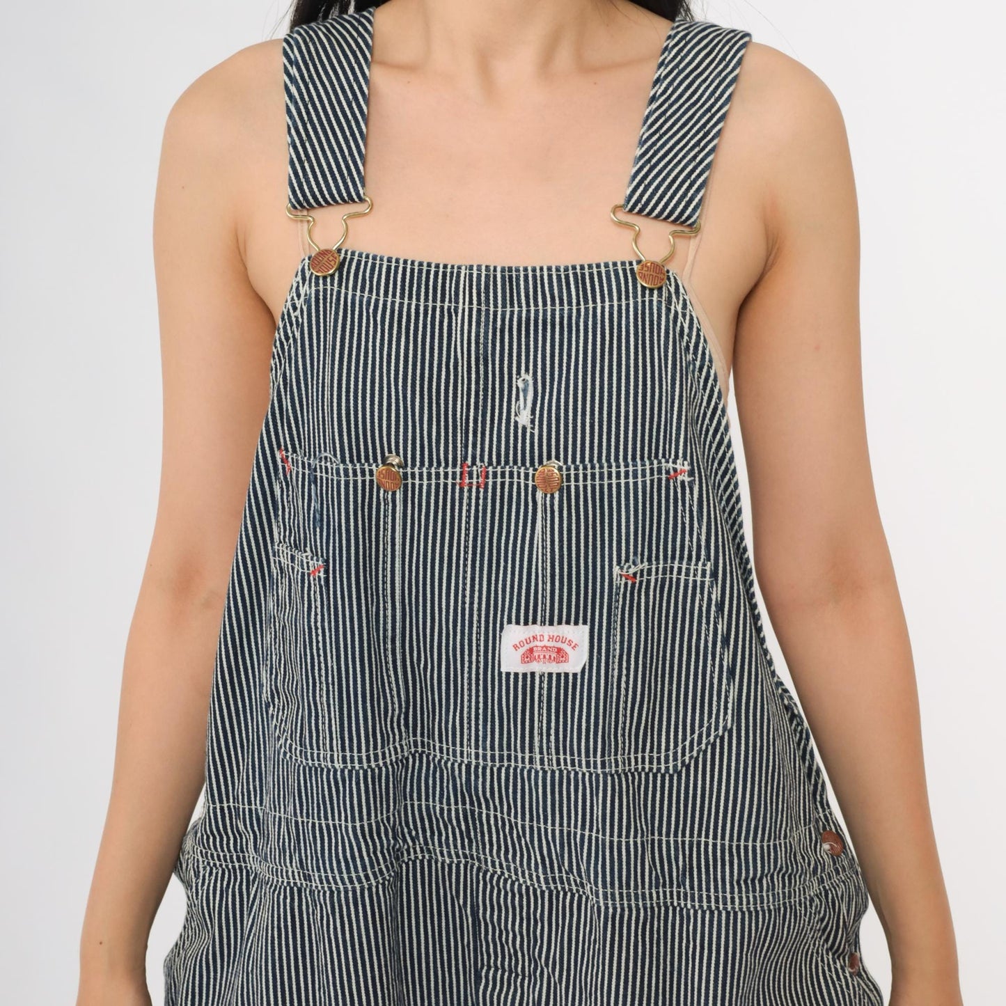 Y2K Roundhouse Railroad Stripe Denim Overalls Blue White Cotton XL
