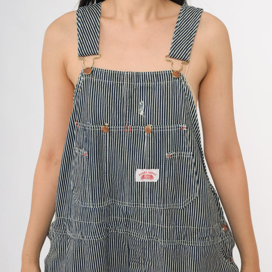 Y2K Roundhouse Railroad Stripe Denim Overalls Blue White Cotton XL