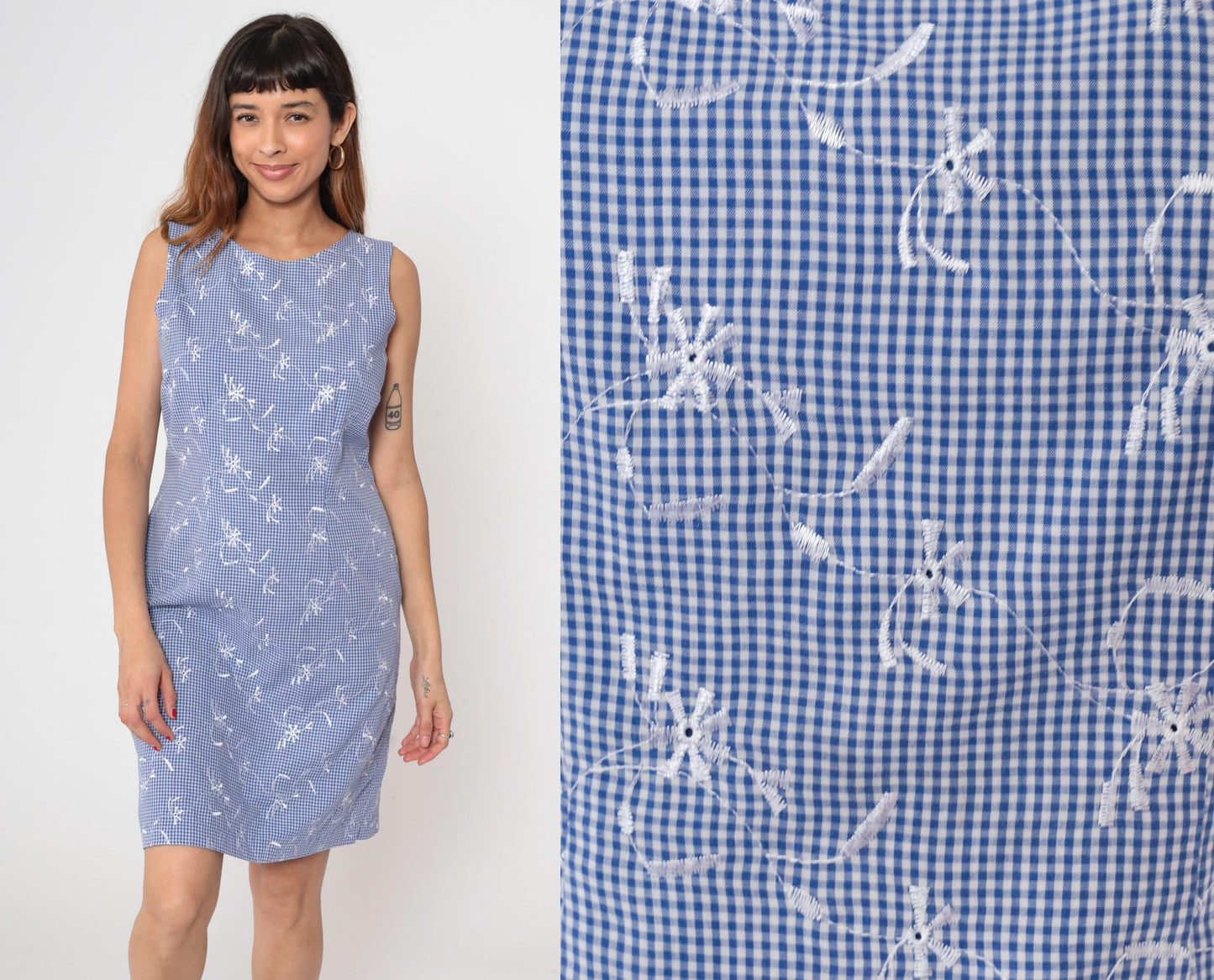 90s Blue Gingham Mini Dress Embroidered Floral Sleeveless Scoop Neck Medium M