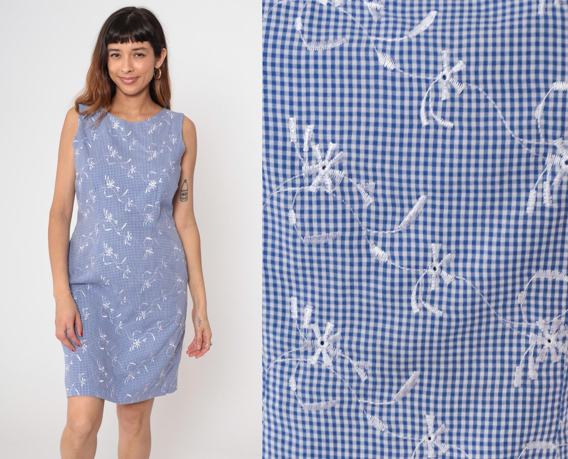 90s Blue Gingham Mini Dress Embroidered Floral Sleeveless Scoop Neck Medium M