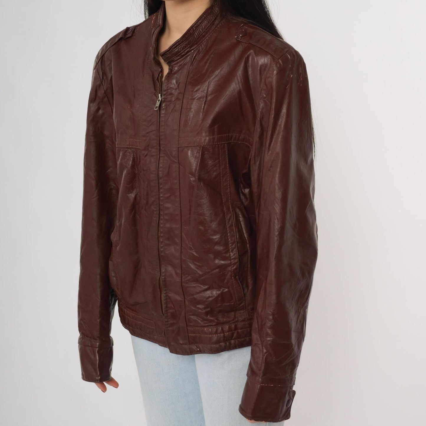 80s Brown Leather Bomber Jacket Epaulet Shoulders Zip Front Women's Medium