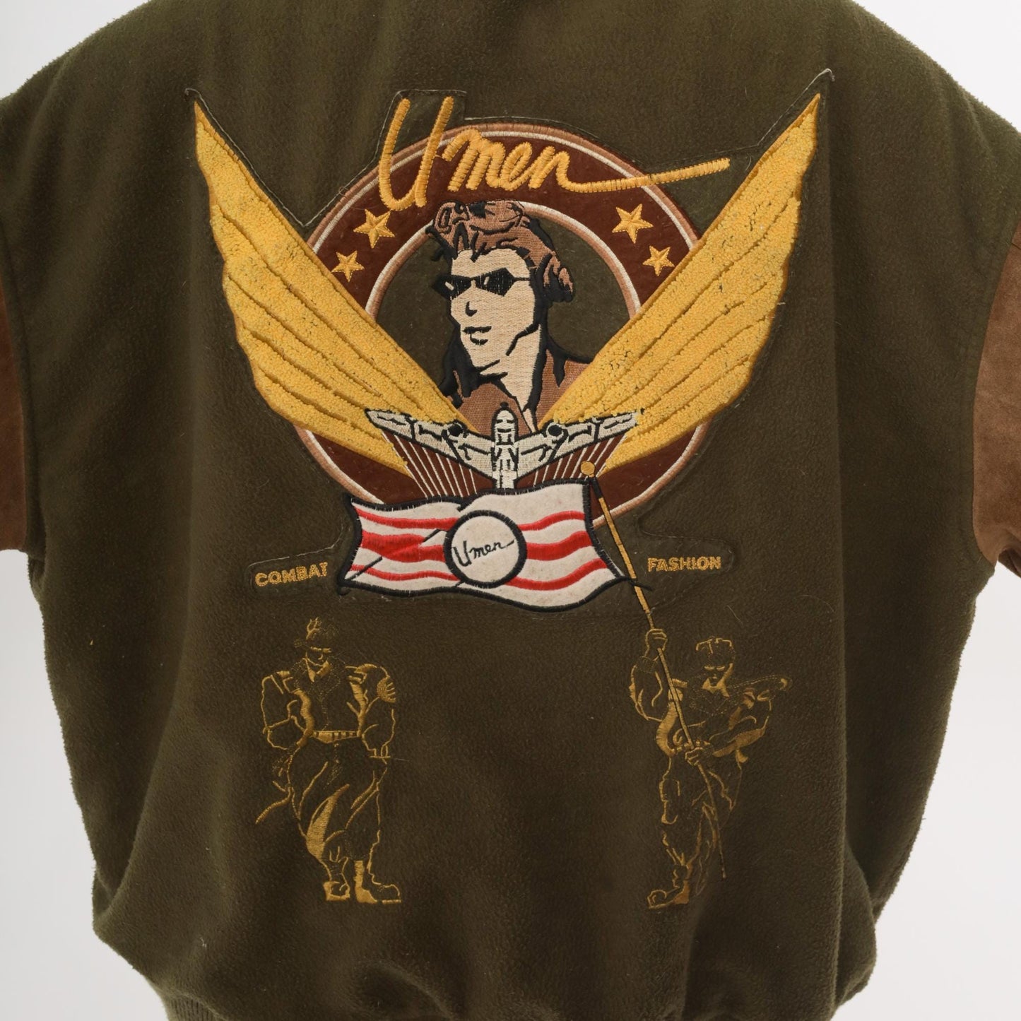 80s Aviator Bomber Jacket Green Suede Sleeves Pilot Embroidery Extra Large XL