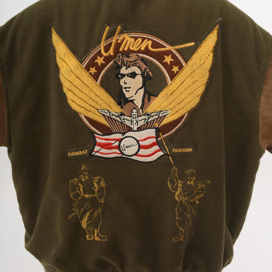80s Aviator Bomber Jacket Green Suede Sleeves Pilot Embroidery Extra Large XL