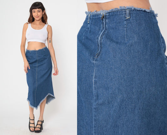 90s Blue Denim Midi Skirt Asymmetrical Frayed Hem Y2K Medium
