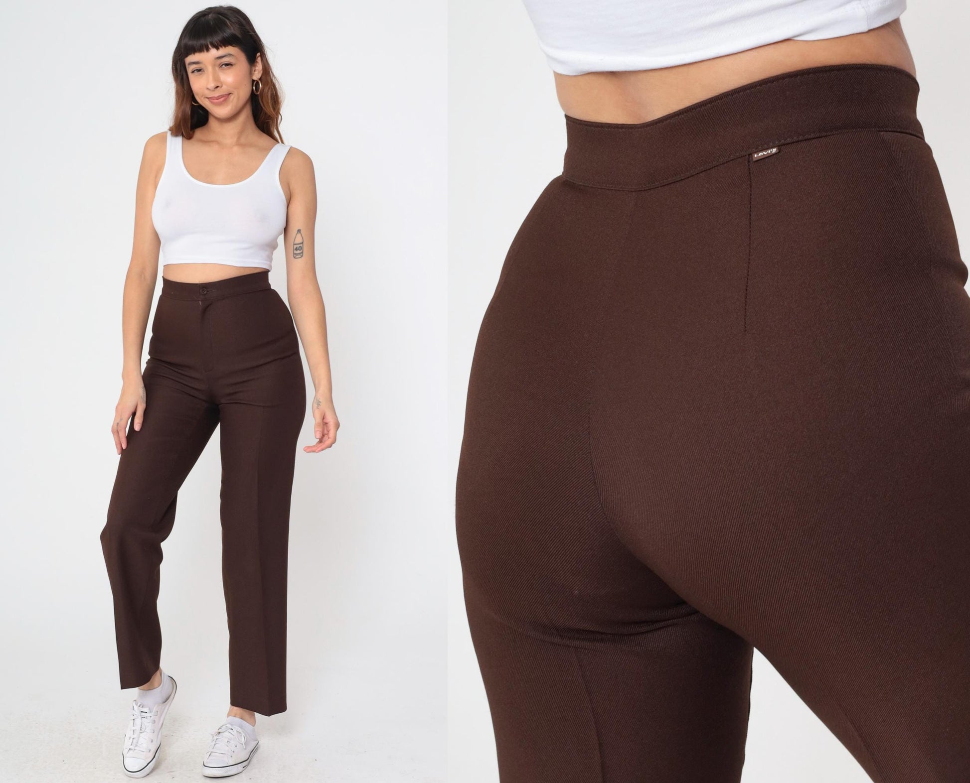 70s Levi's Bell Bottom Trousers High Waist Wide Leg Brown Polyester Small