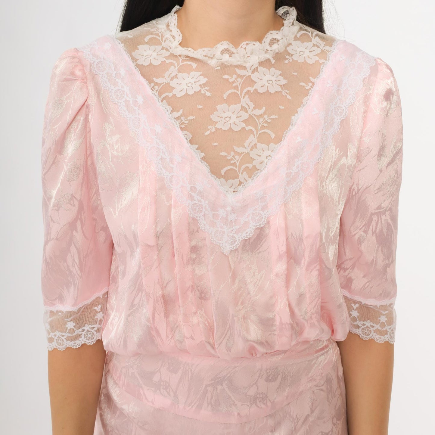 80s Pink Lace Midi Dress Puff Sleeve V-Neck Tiered Ruffle Extra Small XS