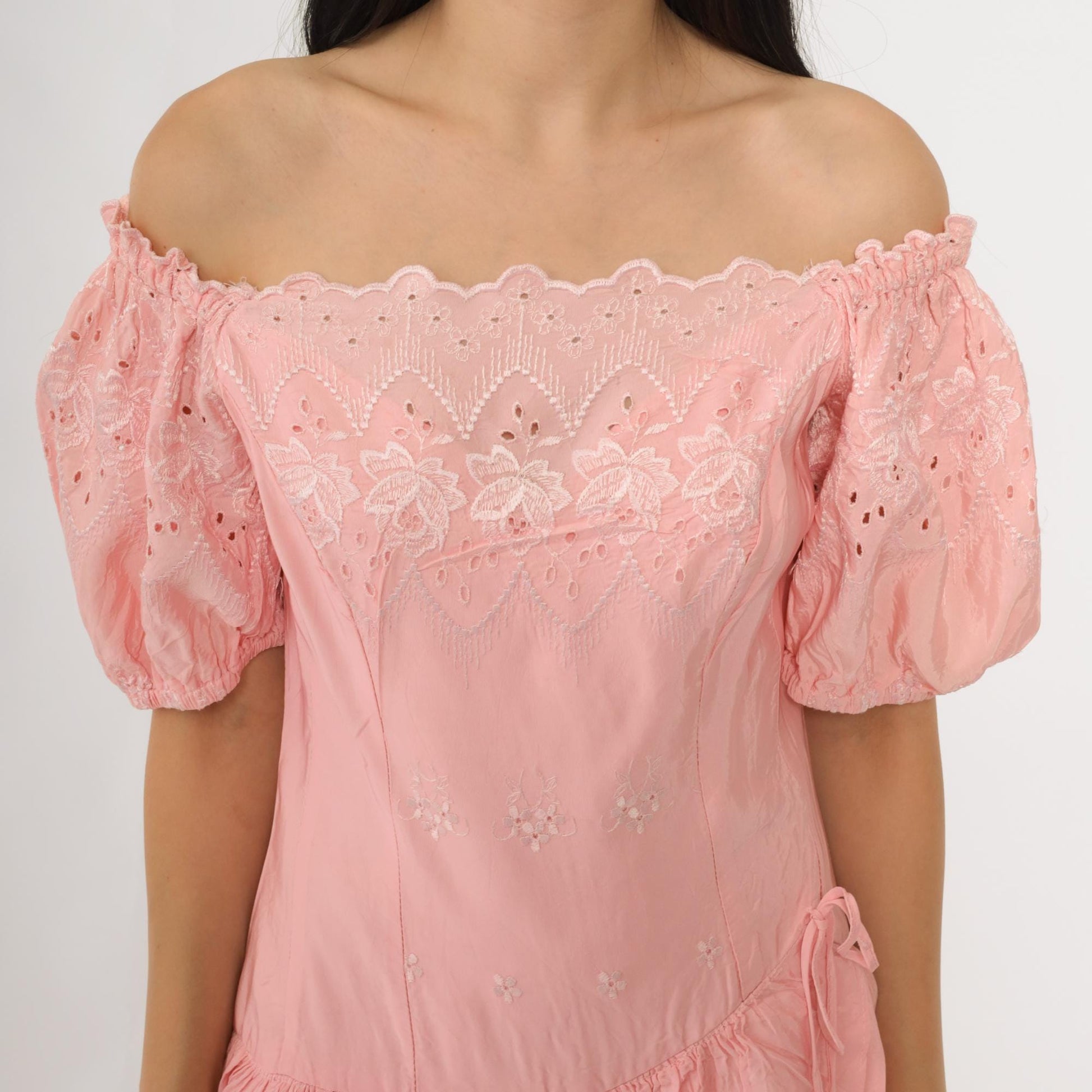 80s Pink Eyelet Midi Dress Off-Shoulder Puff Sleeve Tiered Ruffle Small