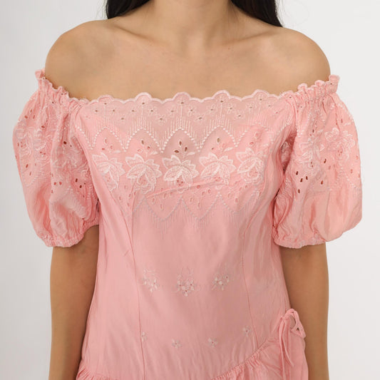 80s Pink Eyelet Midi Dress Off-Shoulder Puff Sleeve Tiered Ruffle Small