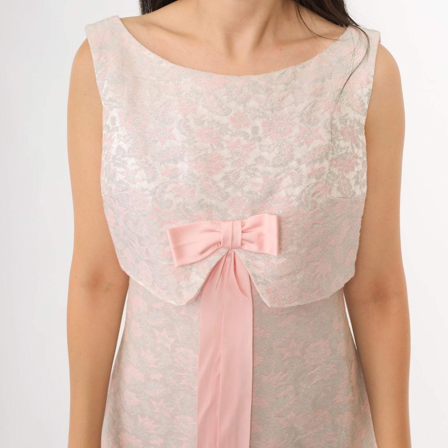 60s Pink Floral Maxi Dress Empire Waist Bow Tie Sleeveless Small
