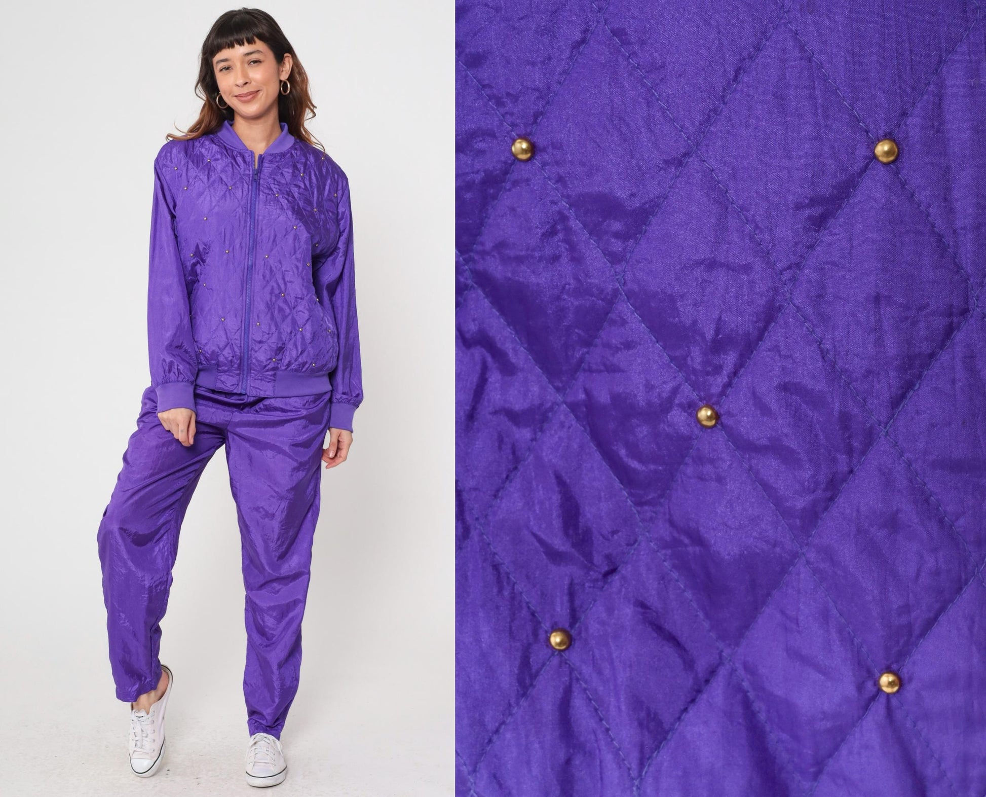 90s Purple Satin Tracksuit Quilted Bomber Jacket Track Pants Large