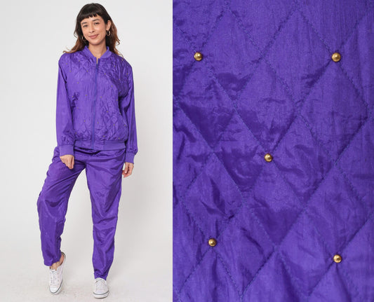 90s Purple Satin Tracksuit Quilted Bomber Jacket Track Pants Large