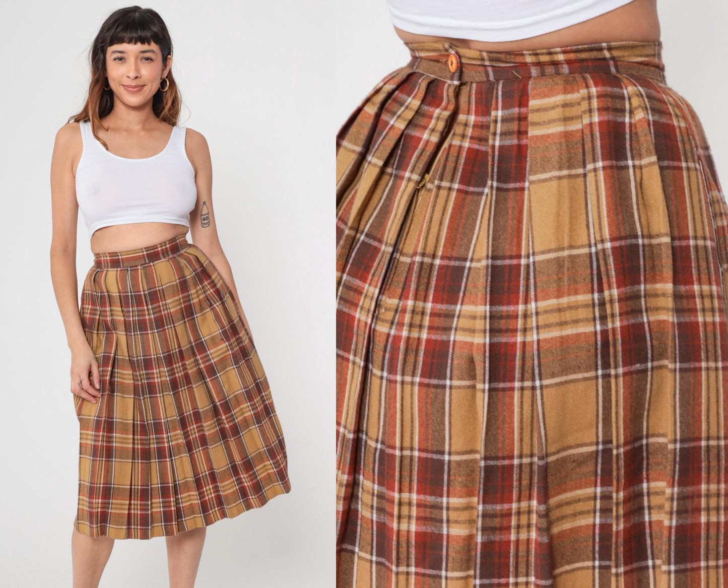 70s Plaid Wool Blend Midi Skirt High Waisted Tartan Brown Tan Small S