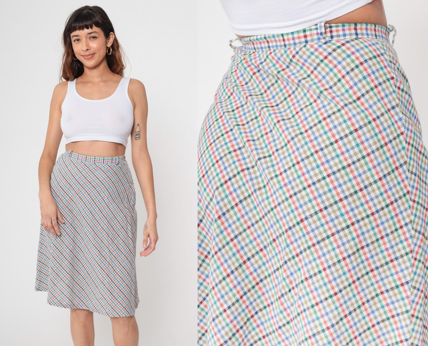 80s Plaid Mini Skirt High Waist Button Up Checkered Pink Blue Small