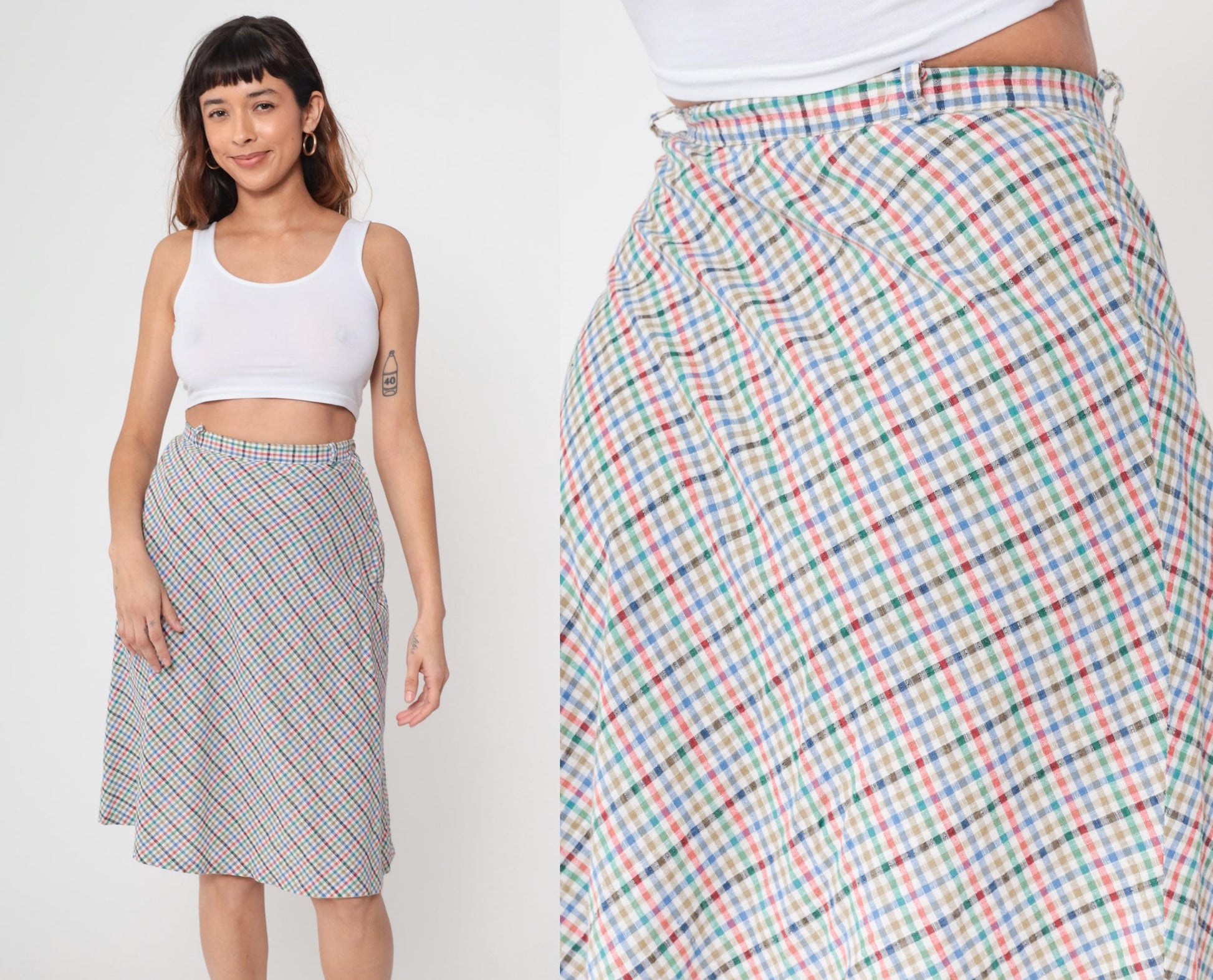 80s Plaid Mini Skirt High Waist Button Up Checkered Pink Blue Small