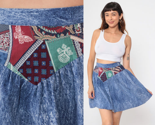80s Acid Wash Denim Mini Skirt Patchwork High Waisted Circle Small S