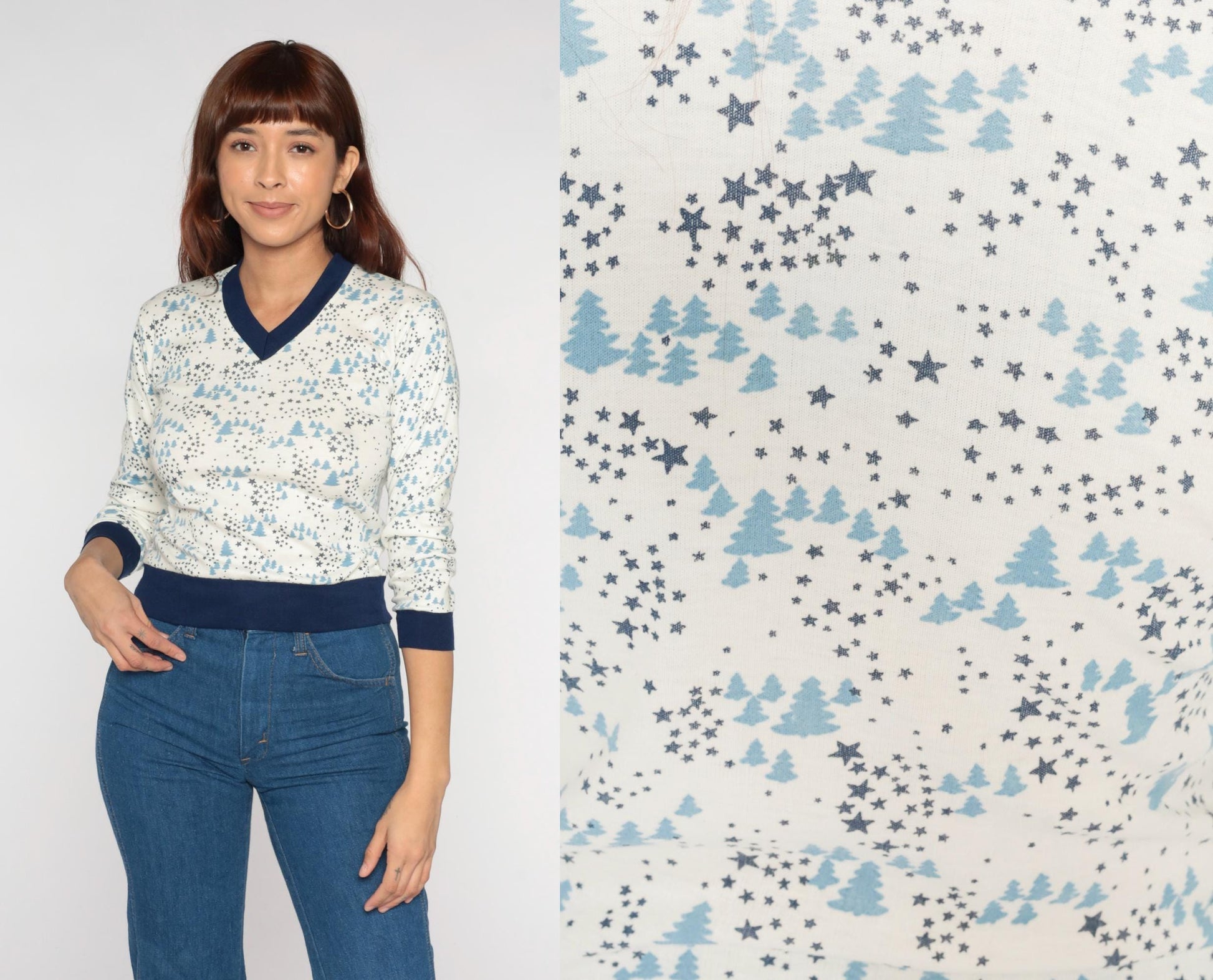 80s Christmas Tree Stars Ringer Sweater White Navy Trim V-Neck Small