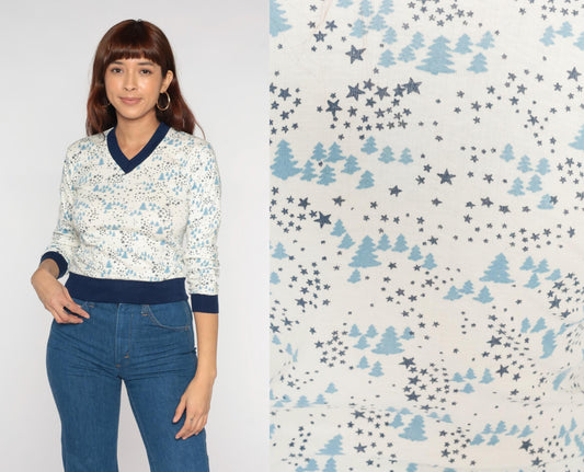 80s Christmas Tree Stars Ringer Sweater White Navy Trim V-Neck Small