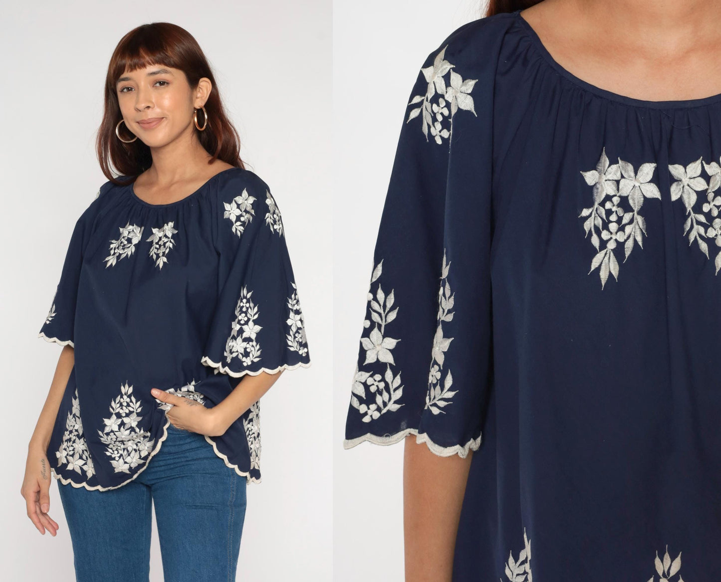 70s Embroidered Peasant Blouse White Navy Floral Bell Sleeve Tunic Medium