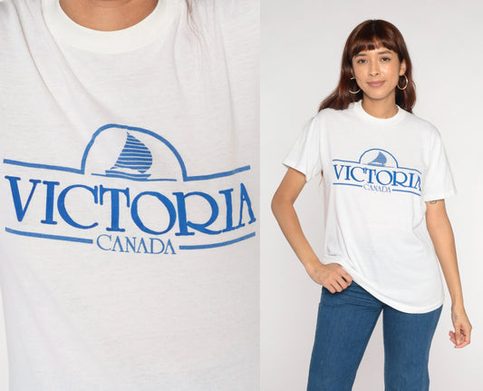 80s Victoria Canada Sailboat Graphic T-Shirt White Blue Souvenir Large