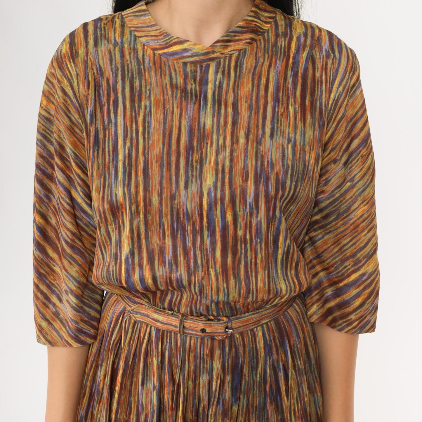 60s Nelly Don Abstract Stripe Midi Dress Rainbow V-Neck A-Line Medium