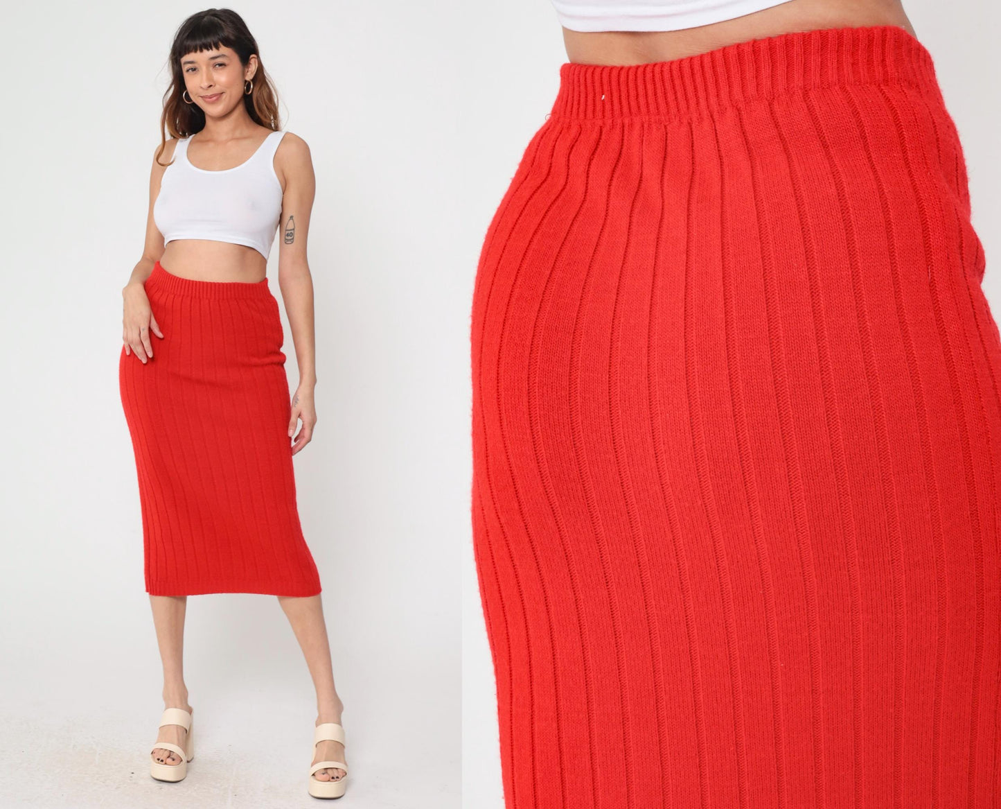 70s Red Ribbed Knit Mini Skirt High Waist A-Line Small