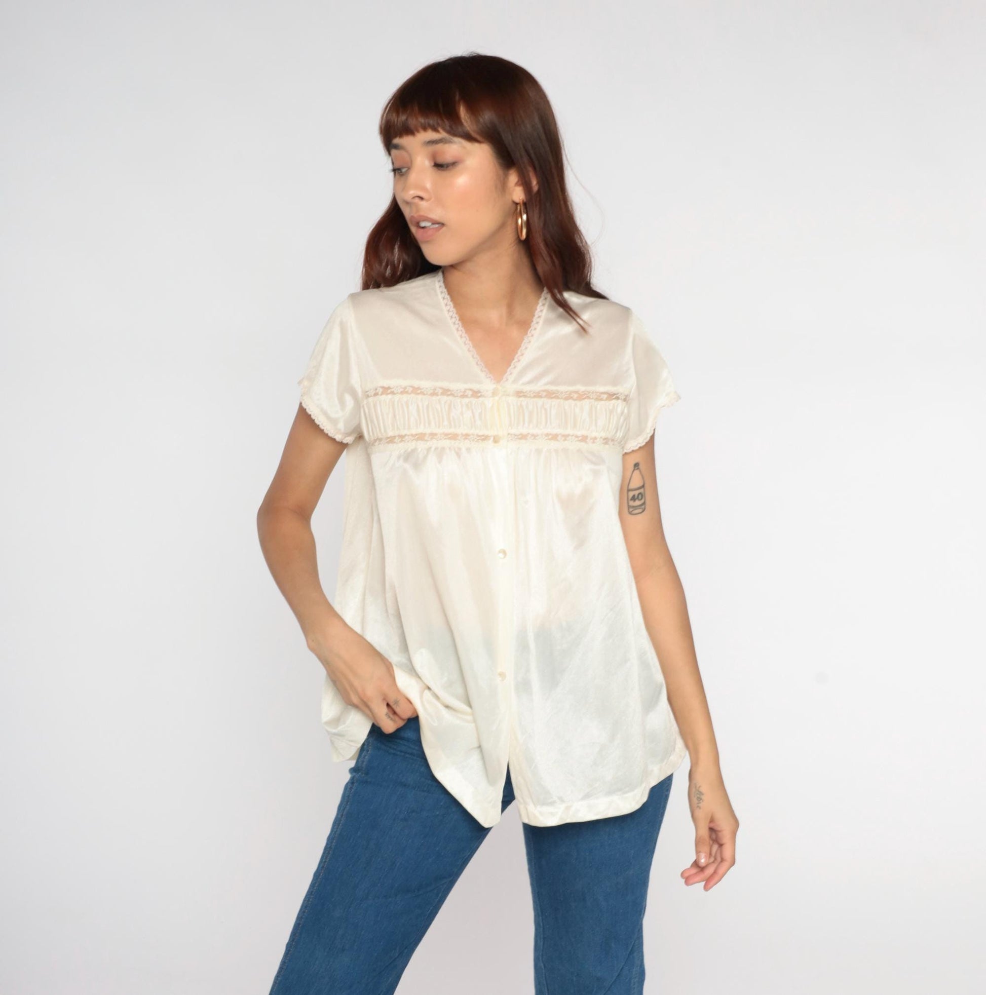 80s Sears Cream Lace Trim Blouse Short Sleeve Medium M