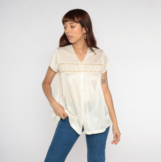 80s Sears Cream Lace Trim Blouse Short Sleeve Medium M