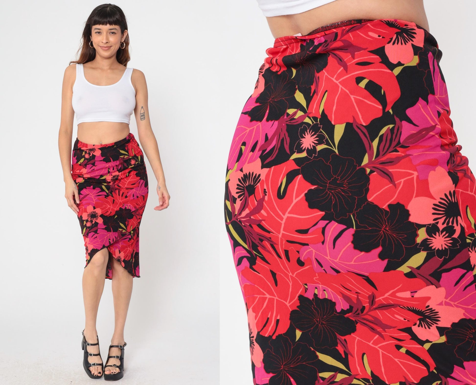Y2K Heart and Soul Tropical Print Midi Pencil Skirt Pink Black Red Small