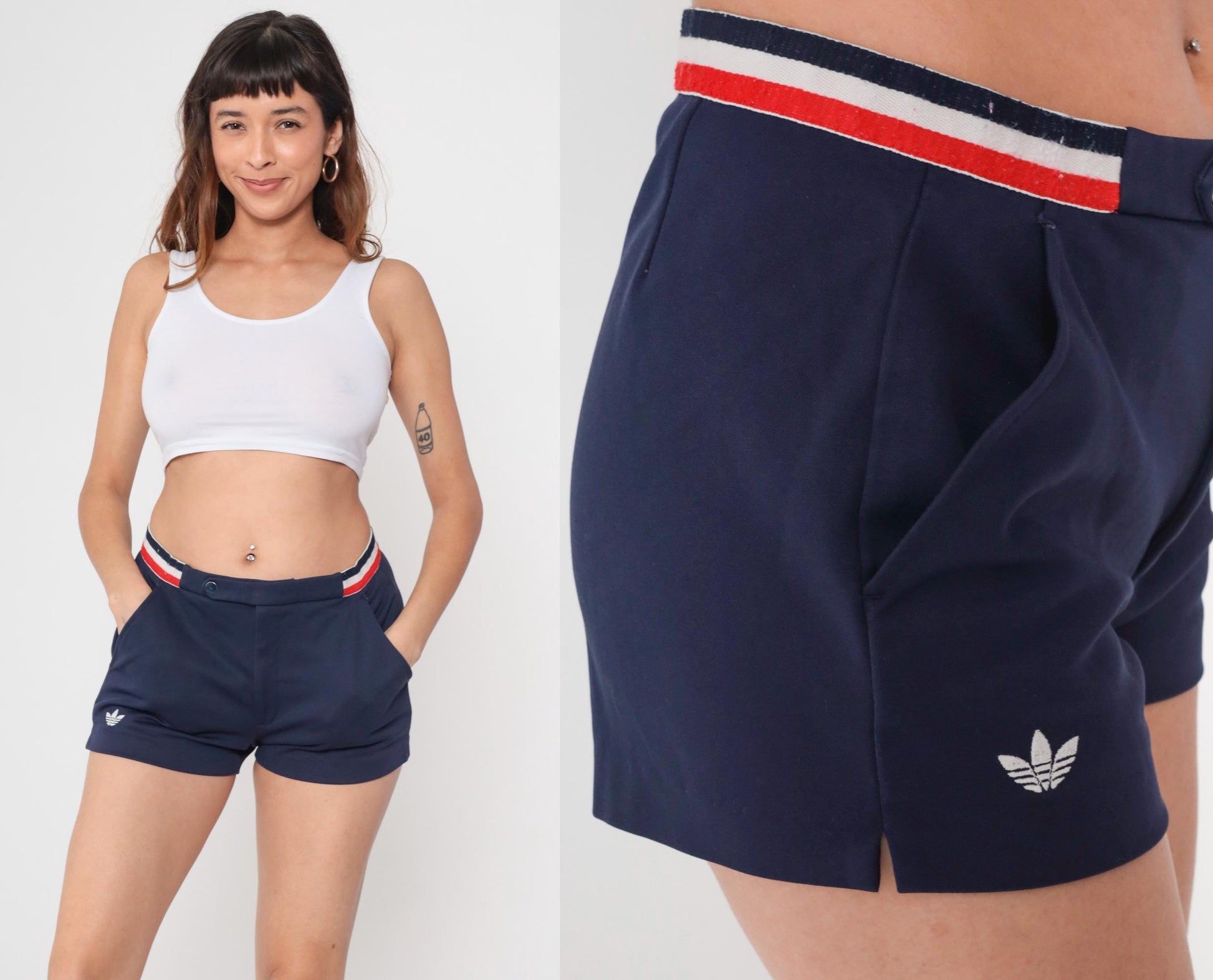 80s Adidas Navy Athletic Shorts Red White Stripe High Waist Medium M