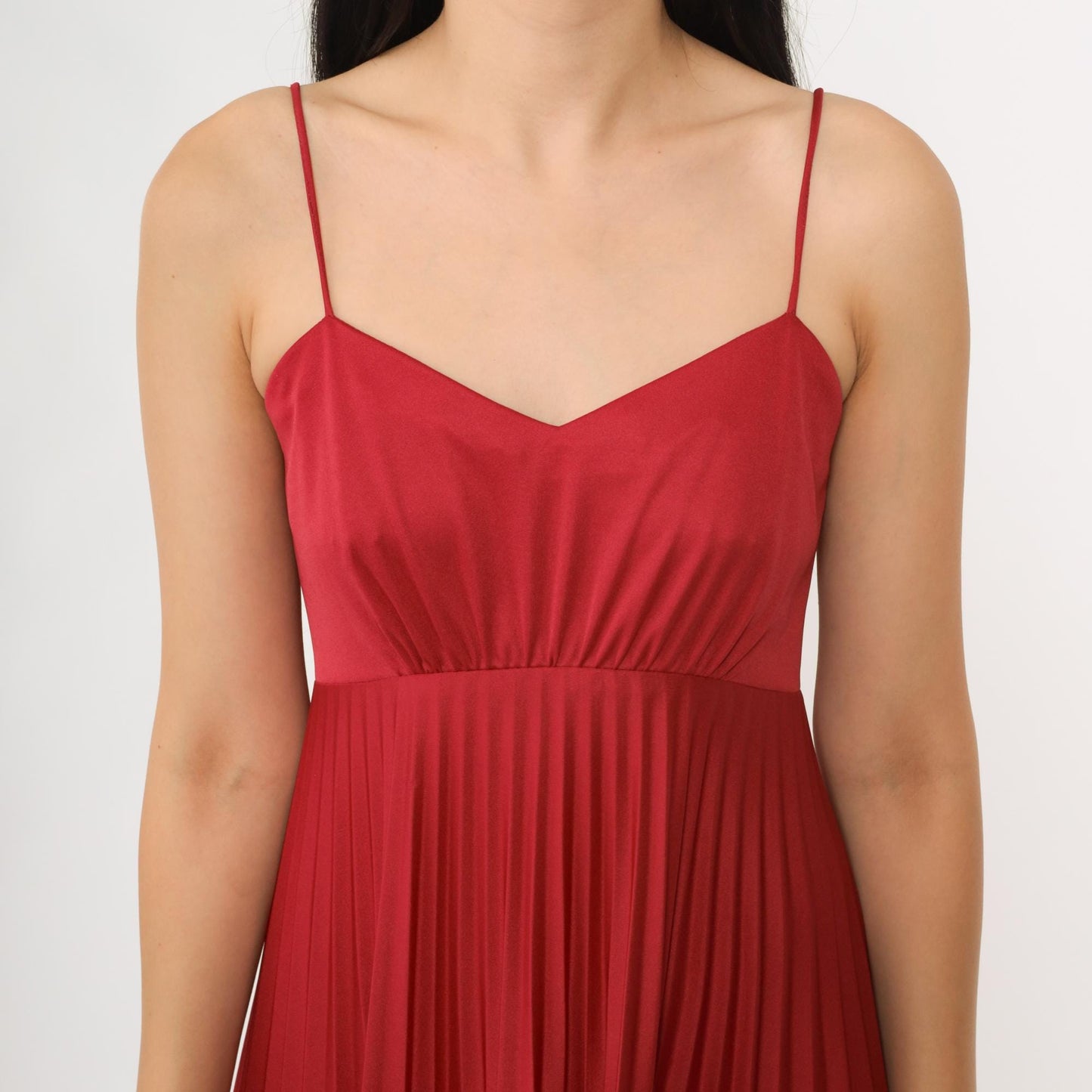 70s Red Pleated Maxi Dress Spaghetti Strap Empire Waist Extra Small