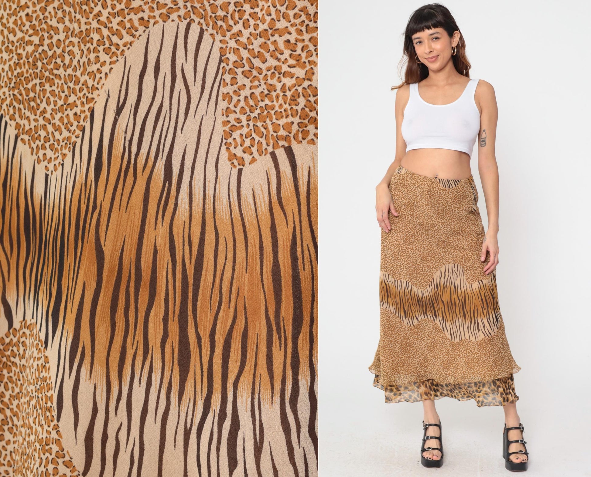 Y2K Mixed Animal Print Midi Skirt Leopard Zebra Cheetah Tiered Ruffle Medium