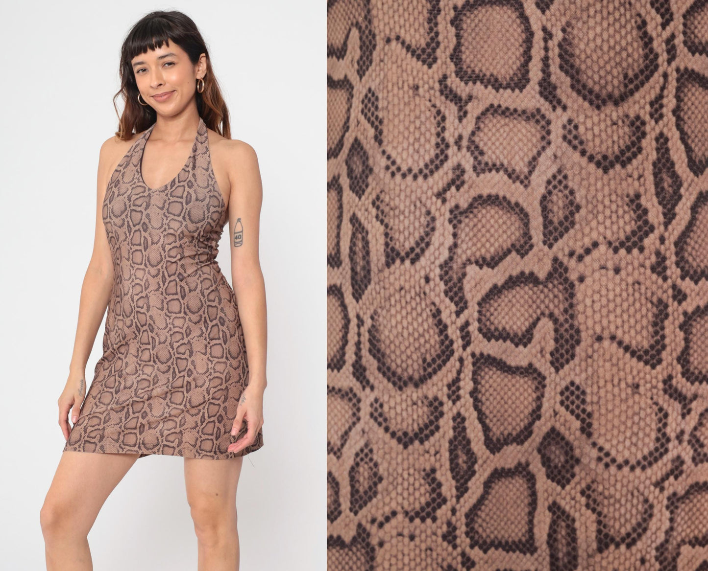 Y2K Brown Snake Print Halter Mini Dress Small S