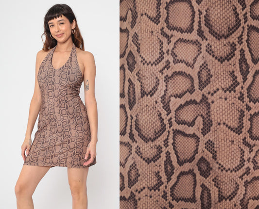 Y2K Brown Snake Print Halter Mini Dress Small S