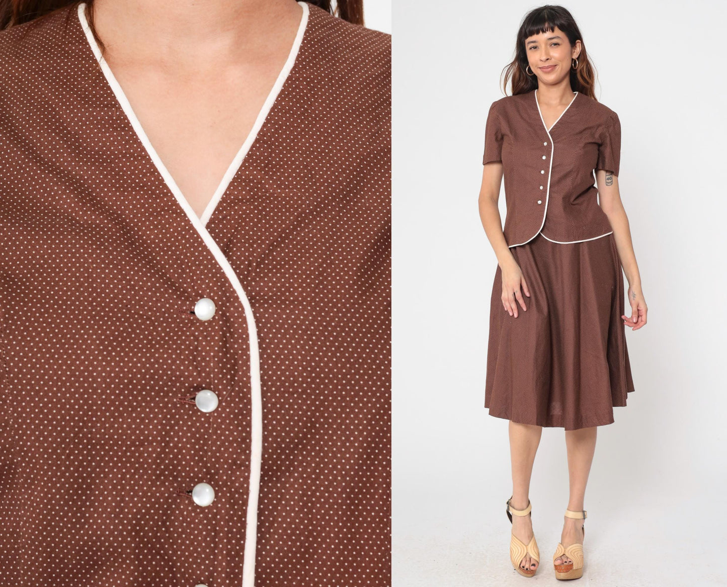70s Brown Swiss Dot Two Piece Set Short Sleeve Blouse Pleated Mini Skirt Medium