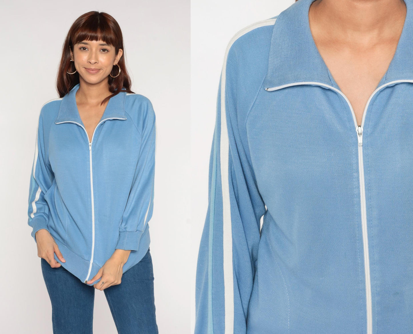 70s Track Jacket Baby Blue Striped Zip-Up Raglan Warmup Small
