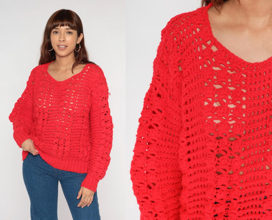 80s Red Crochet Open Weave Sweater Scoop Neck Long Sleeve Large L