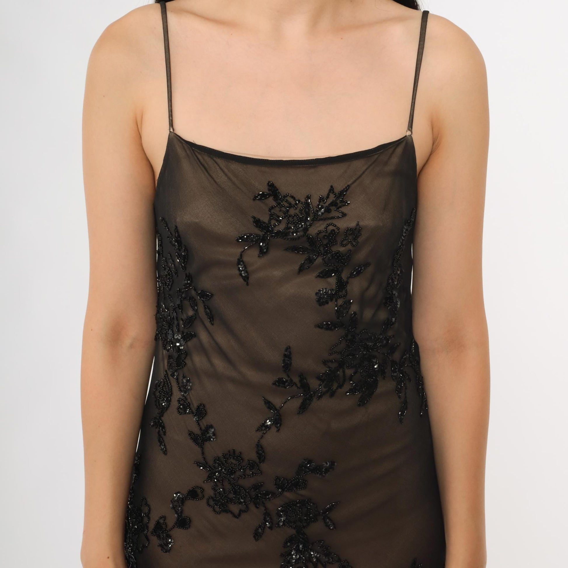 Y2K Marina Bresler Black Silk Beaded Maxi Slip Dress Small S