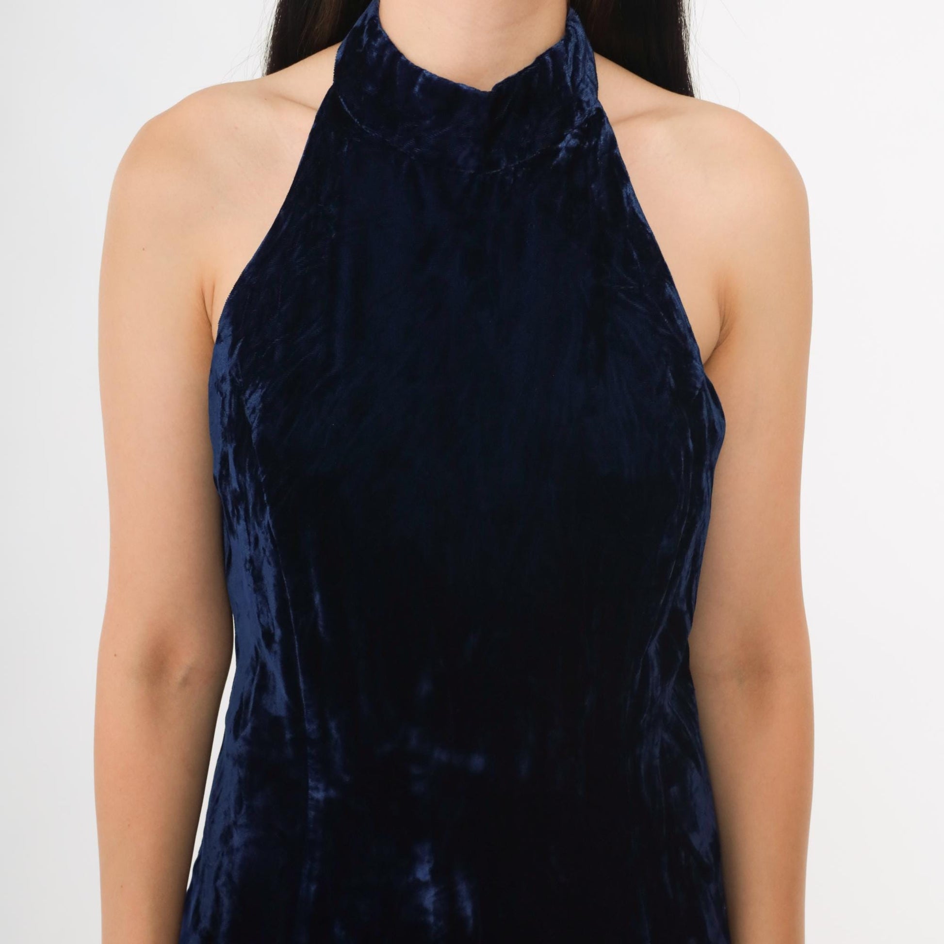 90s Navy Velvet Halter Maxi Dress Susan Roselli Open Back Small