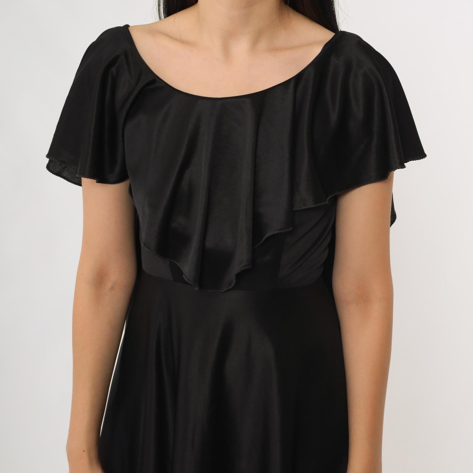 70s Black Satin Maxi Dress Flutter Sleeve Ruffle Overlay Small