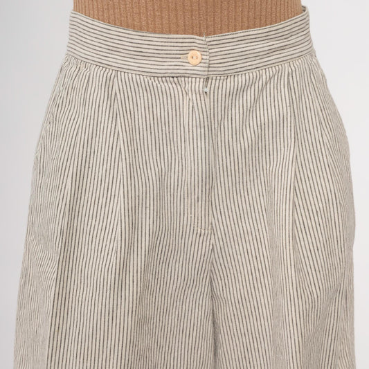90s High Waisted Pleated Shorts Pinstripe Cotton Preppy Beige Medium M